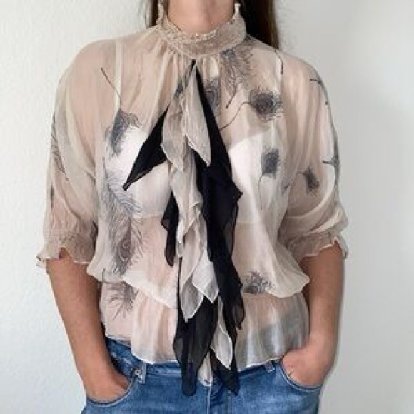 Zara Tops - 💯 Silk Zara Sheer Beige Peplum Blouse with Black Ruffle Tie